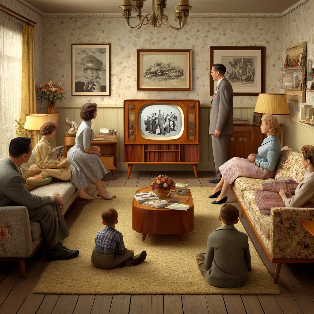 A 1950s style family room depicting a family gathered around an old fashioned television set.