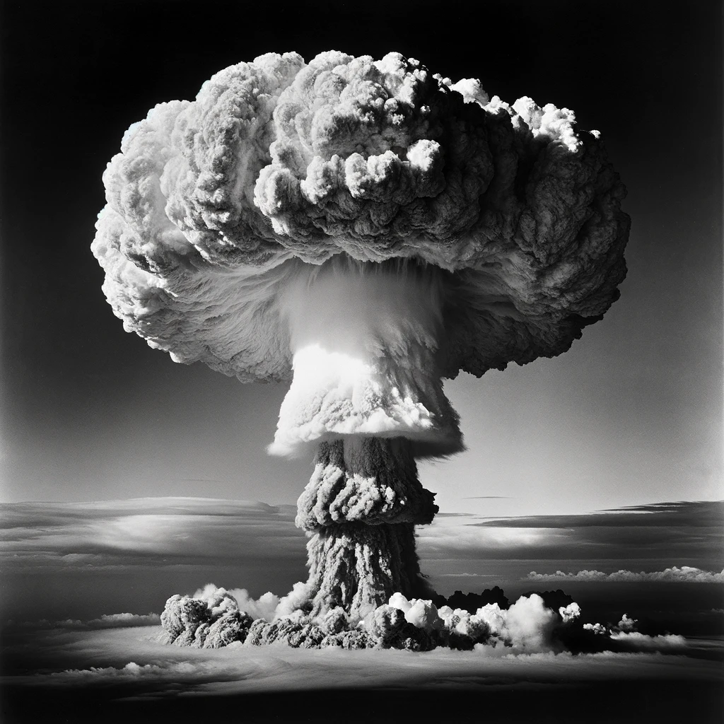 A black and white photograph of a dramatic and massive atomic bomb explosion.