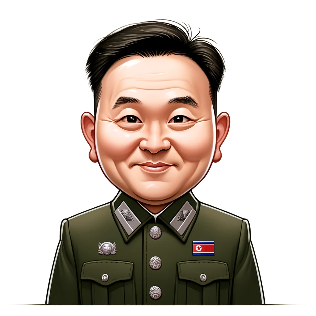 A caricature of an Asian man wearing traditional North Korean military style jacket.