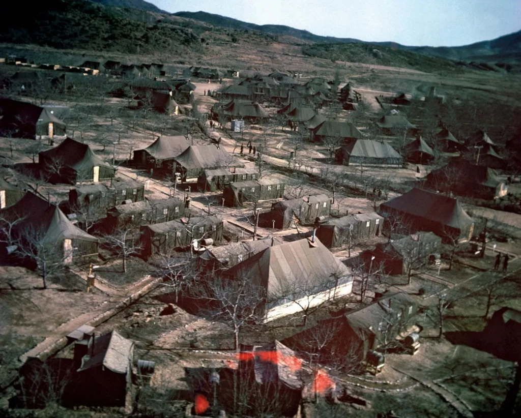 Areal photo of a military tent city in Korea in 1952