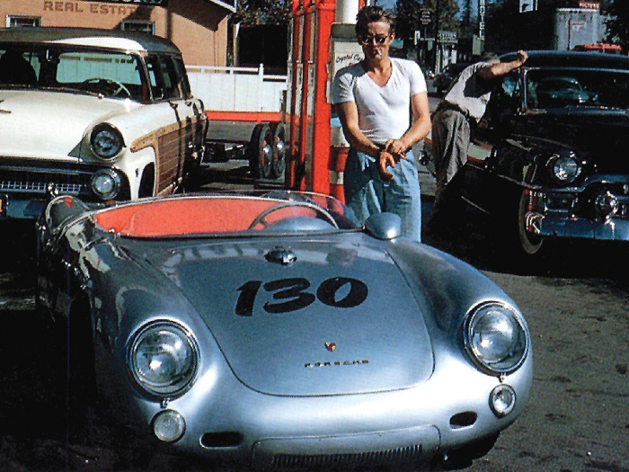 James Dean stood beside his Porsche 550 just before he set off to a race at Selinas in 1955. He was killed when he collided with another vehicle at an intersection.