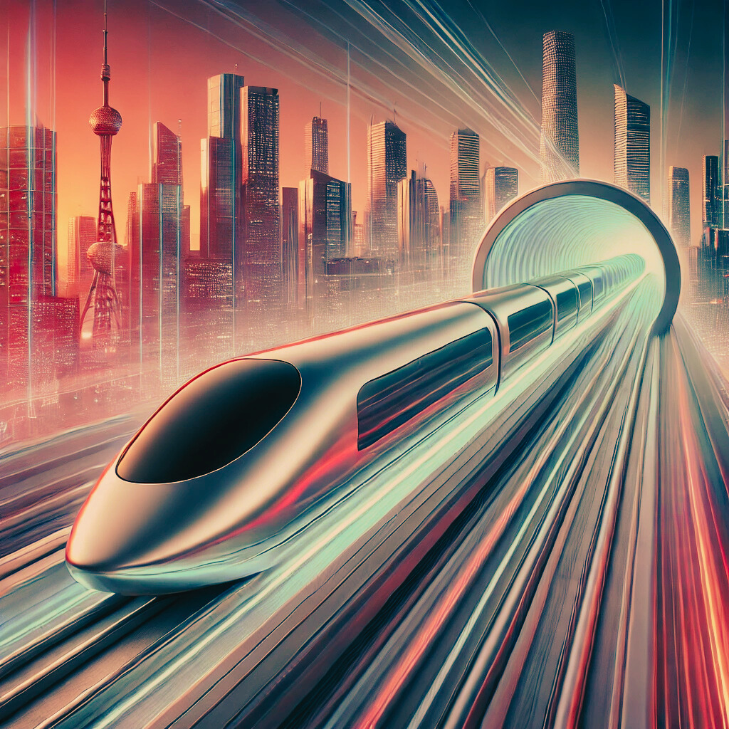 A hyperloop train in a futuristic setting, depicted as a sleek, tube-like structure moving at high speed through a modern landscape.